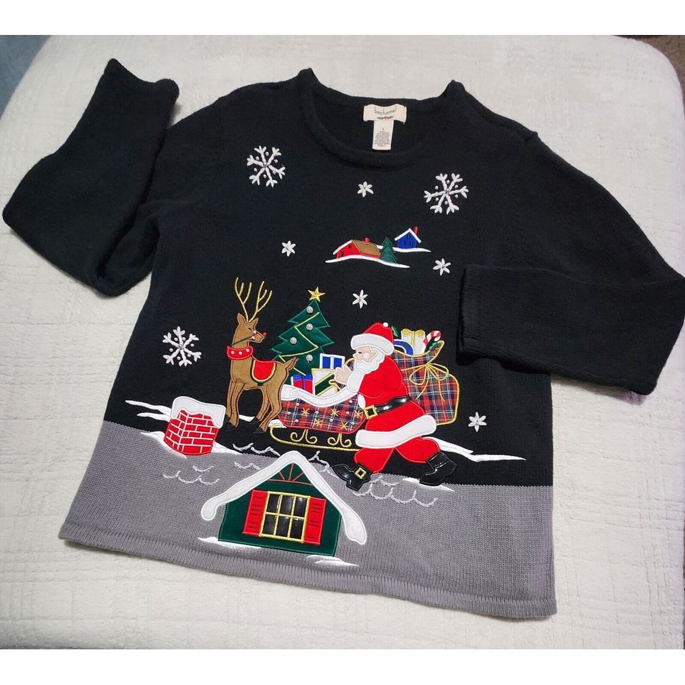 Vintage‎ Bechamel Large Christmas Sweater Embroidered Santa & Sleigh on Roof